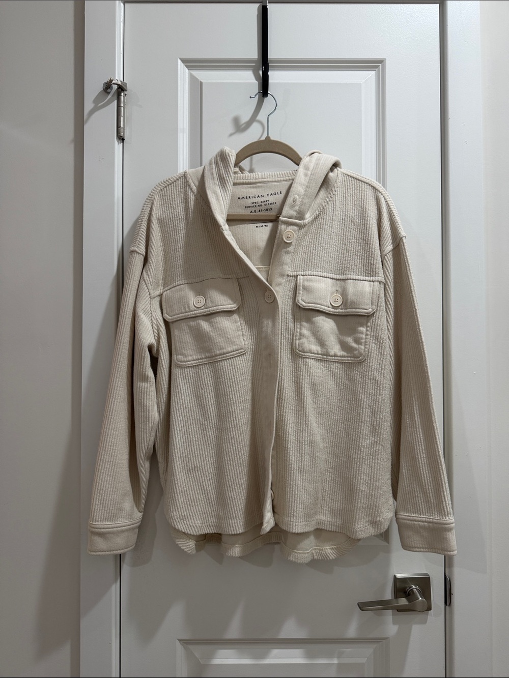 American Eagle Cream Ribbed Button Hoodie Shacket